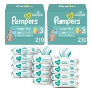 Pampers Baby Dry Disposable Baby Diapers Size 3, 2 Month Supply (2 x 210 Count) with Sensitive Water Based Baby Wipes, 12X Pop-Top Packs (864 Count)