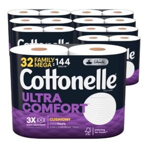 Cottonelle Ultra Comfort Toilet Paper with Cushiony CleaningRipples Texture, Strong Bath Tissue, 32 Family Mega Rolls (32 Family Mega Rolls = 144 Regular Rolls) (8 Packs of 4), 325 Sheets per Roll
