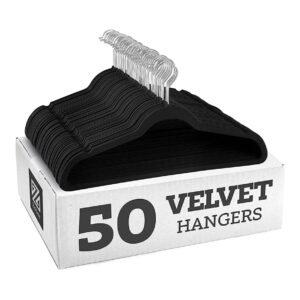 Zober Velvet Hangers 50 Pack – Black Hangers for Coats, Pants & Dress Clothes – Non Slip Clothes Hanger Set w/ 360 Degree Swivel, Holds up to 10 lbs – Strong Felt Hangers for Clothing