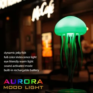 Aurora Mood Light, Dynamic Jellyfish LED Lamp, RGB Gradient, Voice Control, Hanging Indoor Light, Eye-Friendly Warm Light, Sound Activated, Rechargeable Battery, USB Dual Power, Plastic Material, Button Switch, ≤36V, 600mAh Battery Capacity