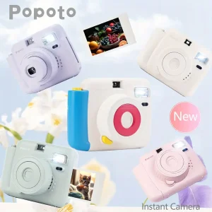Popoto Instant Camera Gift Bundle with Faux Leather Case, Built-in Flash & Strap - Compact Instant Photo Camera for Travel, Parties, Outdoor Adventures (Battery Not Included)