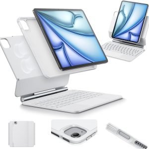 ESR iPad Air 11 Inch Case with Keyboard (M3,2025/M2,2024) & iPad Pro 11/Air 5/4 Gen Keyboard, Easy-Set Magnetic Stand, Portrait/Raised Modes, with Removable Protective Case, White【NOT for Pro 11 M4】