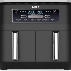 Ninja Foodi Dual Zone Digital Air Fryer, 2 Drawers, 7.6L, 6-in-1, Uses No Oil, Air Fry, Max Crisp, Roast, Bake, Reheat, Dehydrate, Cooks 4-6 Portions, Non-Stick, Dishwasher Safe Baskets, Black AF300UK